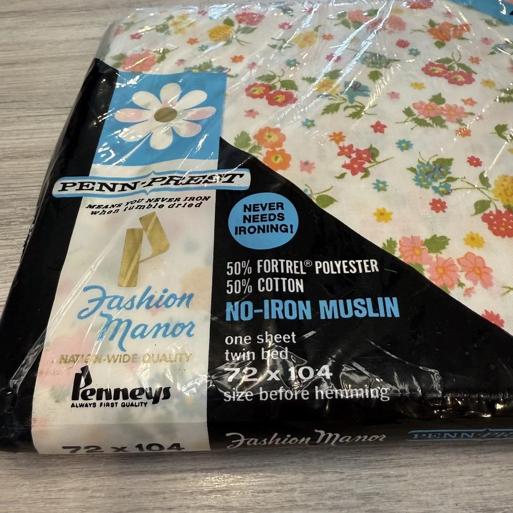 Vintage Penneys Fashion Manor Twin Bed Sheet Floral No-Iron Muslin‎ 72x104 New